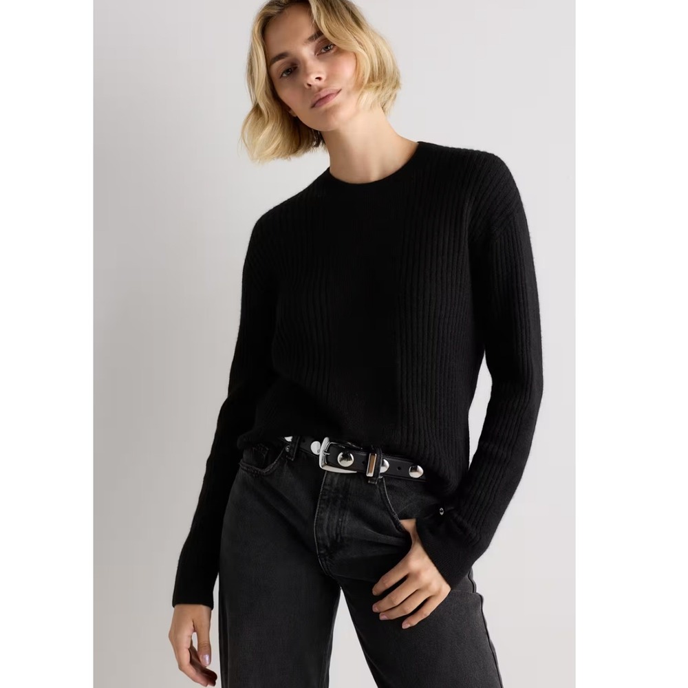 Quince Sweater Baby Alpaca Ribbed Crewneck XS Black Relaxed Wool Blend